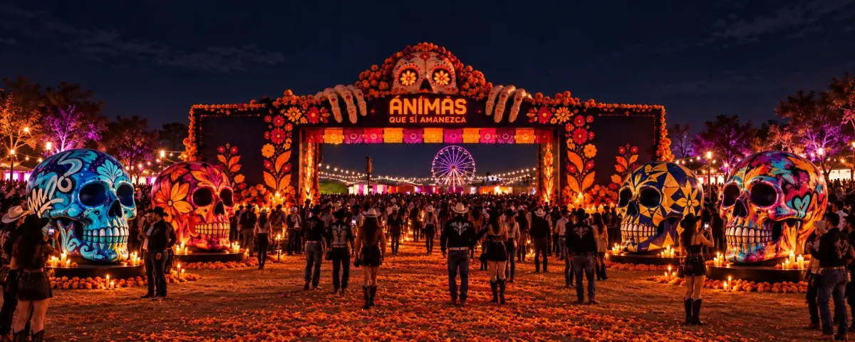 Ilustración de la entrada de Ánimas Que Sí Amanezca: arco de cempasúchil con calavera, calaveras gigantes pintadas, velas, rueda de la fortuna al fondo y asistentes con sombrero vaquero